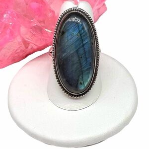 Blue Fire Flash Labradorite Ring Size 8 Solid 925 Sterling Silver Oval Stone